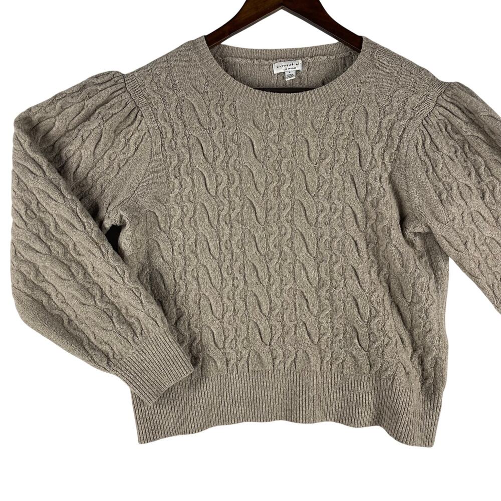Current Air Womens Cable Knit Pullover Sweater L Taupe Balloon Sleeve Cropped